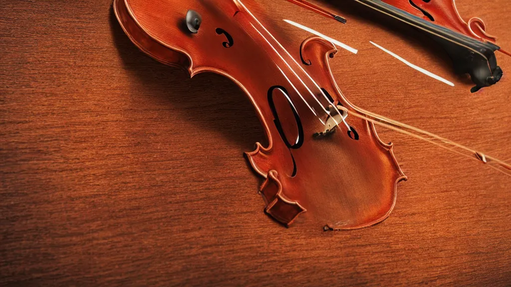 Prompt: a violin on an ancient wood table in victorian house, close up view, 3/4 view, beautiful reflexions, detailed wooden table, photorealistic, photorealism, diffuse light, octane render