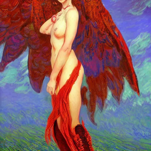 Prompt: Cute Harpy Girl, trending on Pixiv, trending on ArtStation, vibrant gouache painting scenery, highly detailed fantasy character illustration by Wayne Reynolds and Charles Monet and Gustave Dore