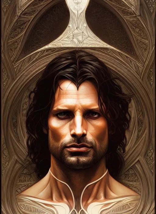 Image similar to symmetry!! portrait of aragorn, intricate, elegant, highly detailed, digital painting, artstation, concept art, smooth, sharp focus, illustration, art by artgerm and greg rutkowski and alphonse mucha