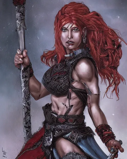 Image similar to a beautiful and strong female warrior by Boris Valejo and Laura Sava