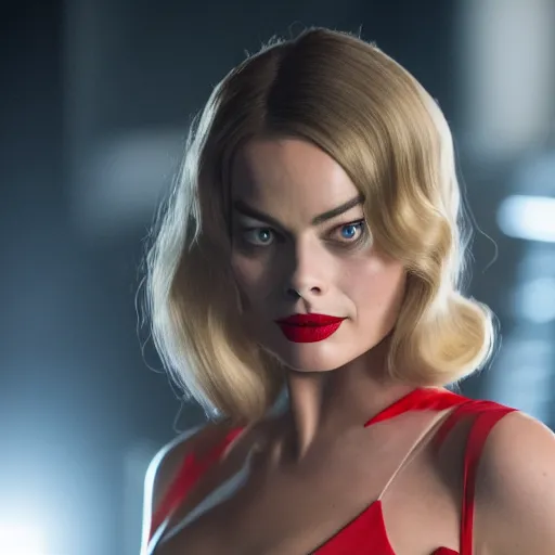Prompt: Margot Robbie as Jessica Rabbit, still from a live action movie, 50mm, f2.8, panavision, cinematography