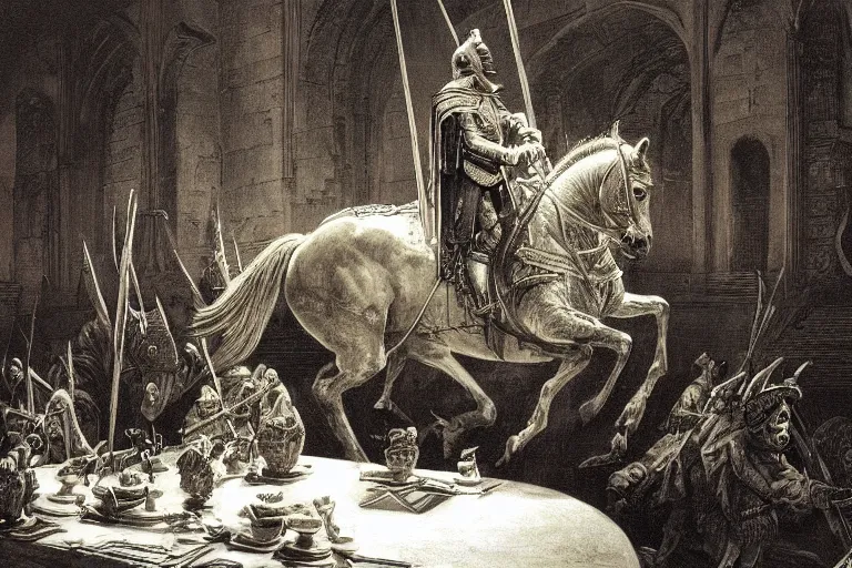 Image similar to highly detailed picture of open book on the table, the knight emerges from the open page of the book, the knight emerges from the open page of the book, don quixote, cinematic romantic magical masterpiece, by gene wolfe, highly detailed painting by gustave dore