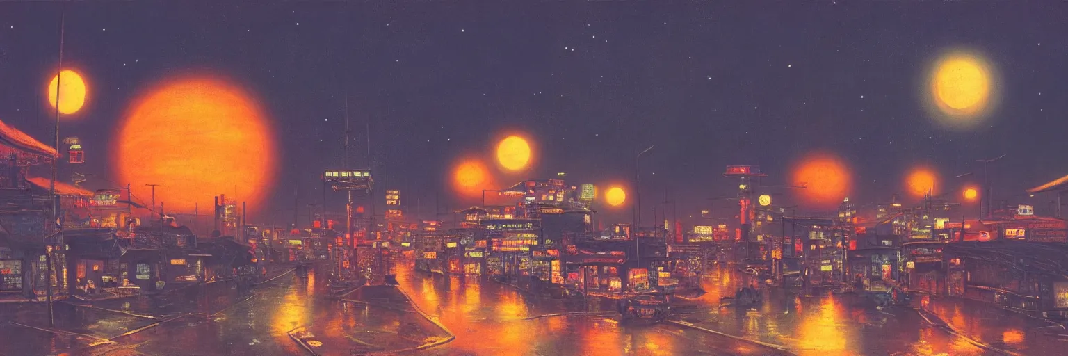 Prompt: awe-inspiring bruce pennington landscape digital art painting of 1960s Japan at night, 4k, matte