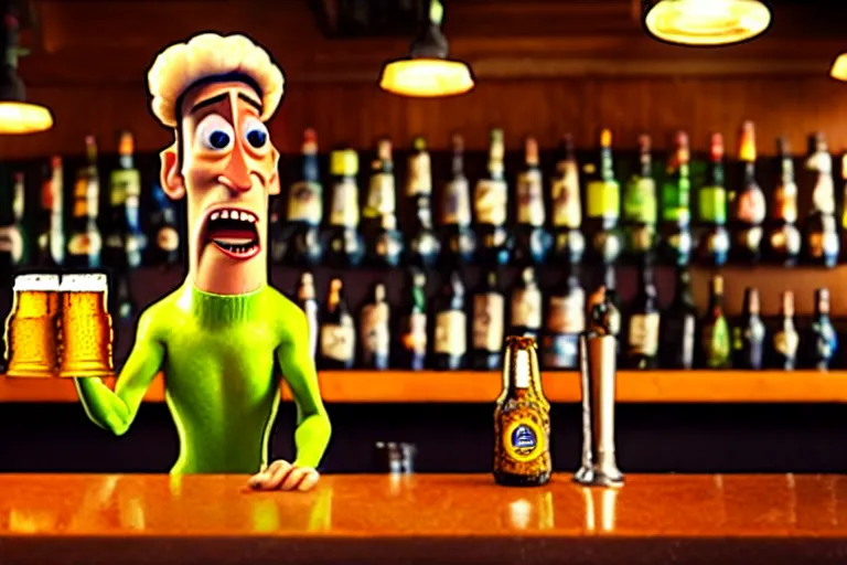 Prompt: a anthropomorphic bottle of beer standsin front of a bar yelling at the bar tender, pixar