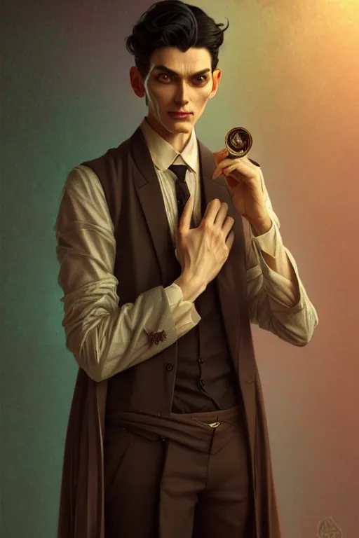 Image similar to ultra realistic, thin man in nice modern clothes, black hair, brown eyes, occult jewelry, fantasy, intricate details, eerie, highly detailed, octane render, 8 k, art by artgerm and alphonse mucha and greg rutkowski