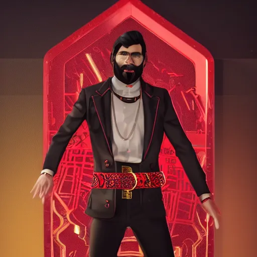 Image similar to a highly detailed full-length man with dark brown short hair, a dark beard, in black and red clothes, with a gold chain and a gold belt, artstation, DeviantArt, professional, octane render