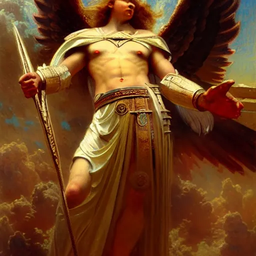 Image similar to saint michael the angel, guarding the world from evil. highly detailed painting by gaston bussiere, greg rutkowski 8 k