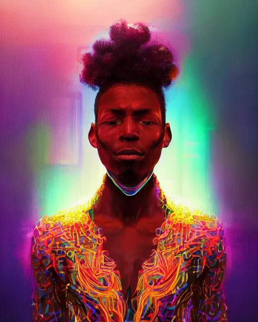 Prompt: colorful portrait of a black male hippie with cybernetics and a natural hair style, but set in the future 2 1 5 0 | highly detailed | very intricate | symmetrical | professional model | cinematic lighting | award - winning | painted by mandy jurgens | pan futurism, dystopian, bold psychedelic colors, cyberpunk, anime aesthestic | featured on artstation