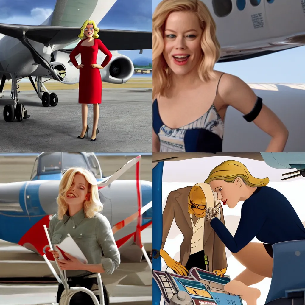 Prompt: elizabeth banks fixing an airplane, american animation