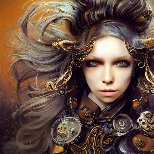 Image similar to portrait, headshot, insanely nice professional hair style, dramatic hair color, digital painting, of a old 17th century, old cyborg merchant, amber jewels, baroque, ornate clothing, scifi, realistic, hyperdetailed, chiaroscuro, concept art, art by Franz Hals and Jon Foster and Ayami Kojima and Amano and Karol Bak,