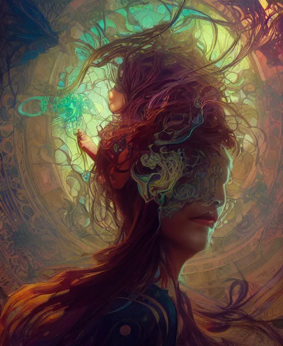 Image similar to a whirlwind of souls rushing inside the metaverse, half body, glowin eyes, insect, lizard, d & d, fantasy, intricate, elegant, highly detailed, colorful, vivid color, digital painting, artstation, concept art, art by artgerm and greg rutkowski and alphonse mucha and ruan jia