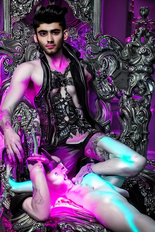 Image similar to full-body rococo and cyberpunk style neon statue of a muscular attractive Zayn Malik macho dotado e rico android sim roupa reclining con las piernas abertas e la piroca dura, glowing white lasers, glowing eyes, silver prince crown, black gears, pink diamonds, swirling mint-colored silk fabric. futuristic elements. ethereal white dripping tar. full-length view. human skulls. large pink balloon animals. intricate artwork by caravaggio. Trending on artstation, octane render, cinematic lighting from the right, hyper realism, octane render, 8k, depth of field, 3D