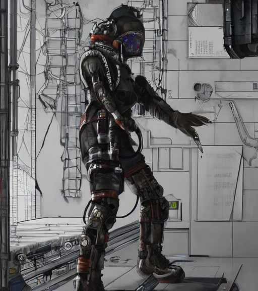 Image similar to realistic cyberpunk japanese engineer with long limbs and a black spacesuit welding a wall, techwear, dead space, visible face, Industrial Scifi, detailed illustration, character portrait, by Martin Grip and Moebius