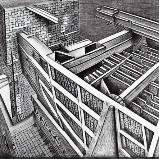 Prompt: mc escher drawing of impossible architecture