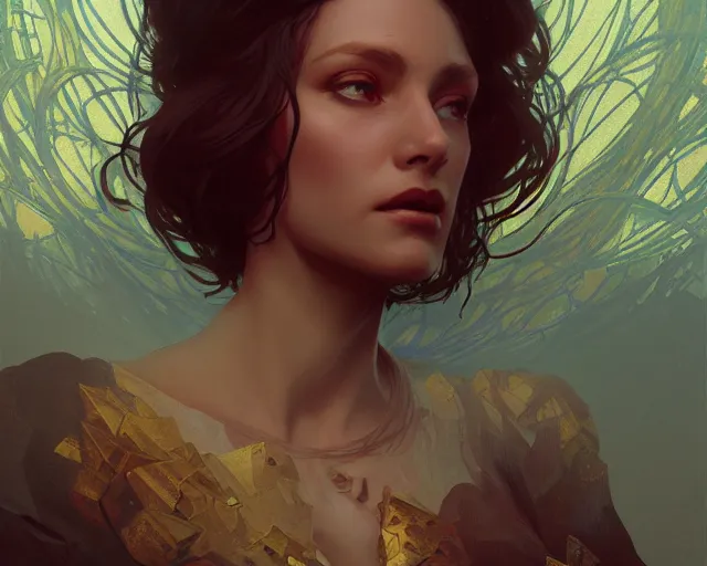 Image similar to Lady of the Entropy, a discord Patron in the vast of a digital realm, digital art, full body illustration, artstation, concept art, smooth, sharp focus, illustration, art by and greg rutkowski and alphonse mucha, HD, illustration trending on artstation