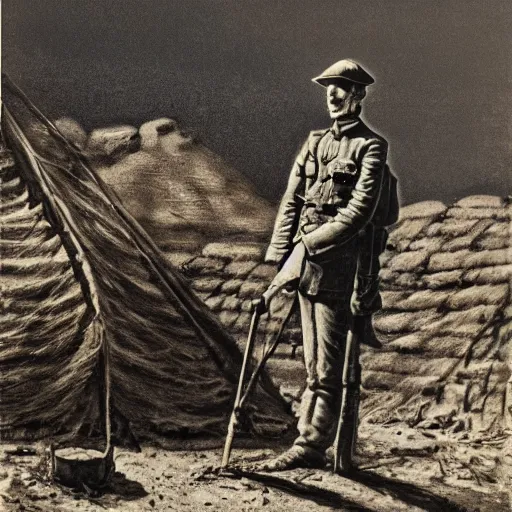 Prompt: ultra detailed photorealistic sepia - toned photograph from 1 9 1 7, a british officer in field gear standing at an archaeological dig site near petra jordan, ultra realistic, painted, intricate details, lovecraft, atmospheric, dark, horror, brooding, highly detailed, by angus mcbride