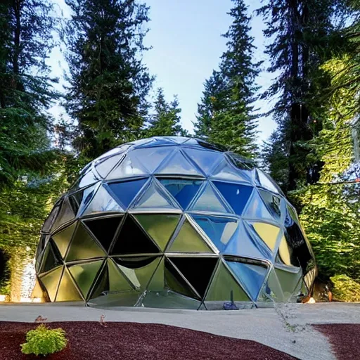 Prompt: large futuristic modern geodesic dome residence, washington state