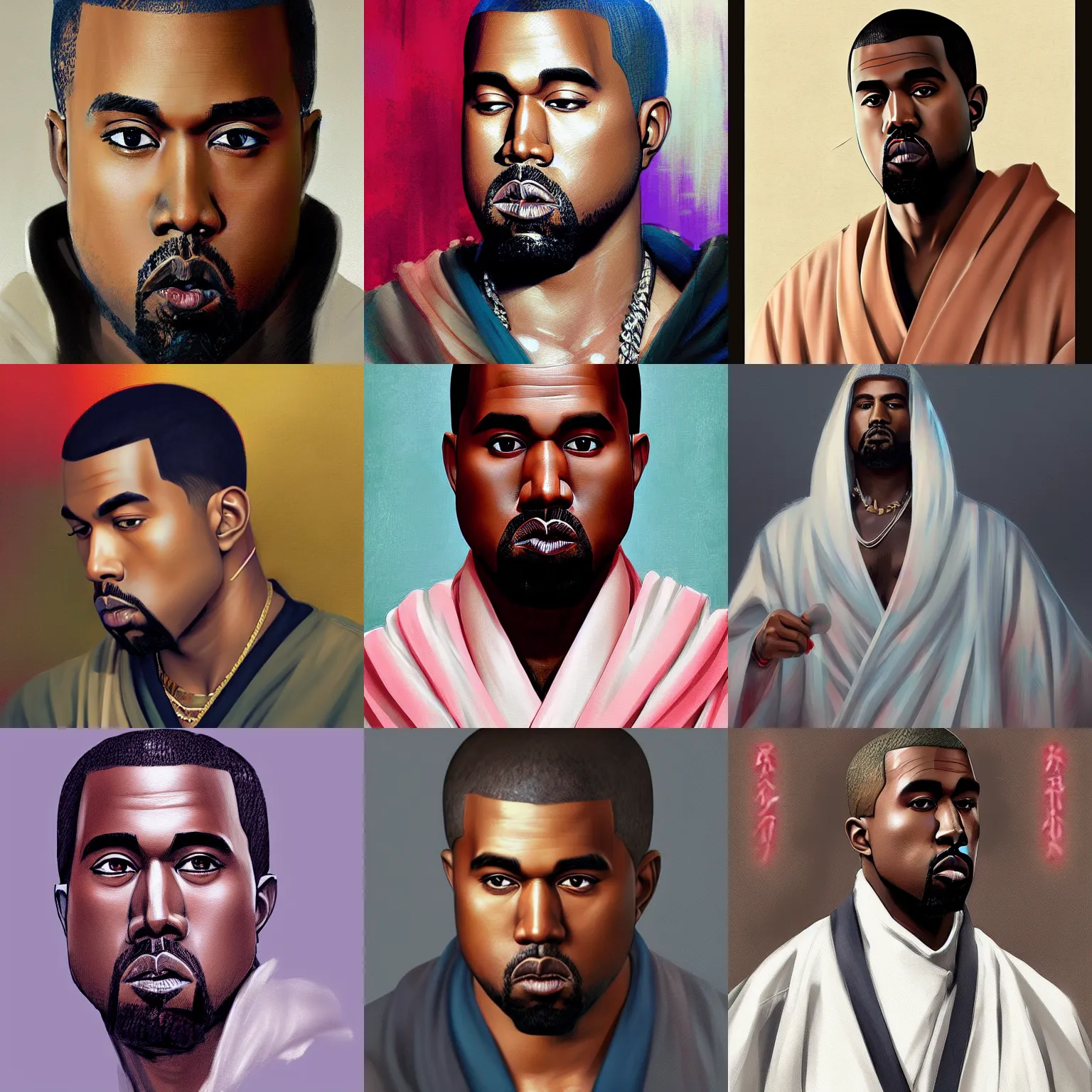 Image similar to A realistic anime portrait of Kanye West wearing a kimono, digital painting, by Stanley Artgerm Lau, WLOP, and Rossdraws, digtial painting, trending on ArtStation, deviantart