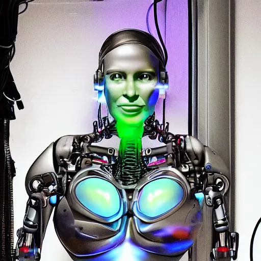 Image similar to the upper torso of a terminator cyborg lady with borg implants, human face and robotic snakes coming out of her head. She is hanging from cables and wires off the ceiling of an abandoned lab and plugged into a server computer. Her bottom half is missing with cables hanging out. She is taking a sip from a cup of coffee. Tiny green led lights in her cybernetics. very detailed 8k. Horror cyberpunk style.