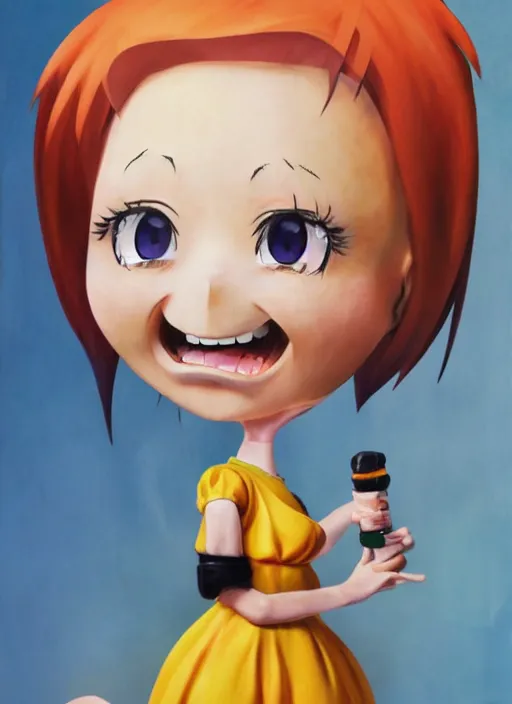 Image similar to a hyperrealistic oil panting of a kawaii anime girl figurine caricature with a big dumb grin featured on nickelodeon by dave mckean