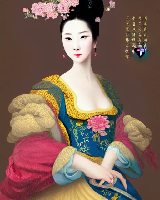 Image similar to photo portrait of beautiful chinese woman dressed in rococo style clothing, elegant, digital painting, clean, smooth, sharp focus