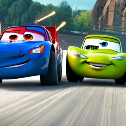 Prompt: lightning mcqueen racing against jackson storm in cars 3 movie