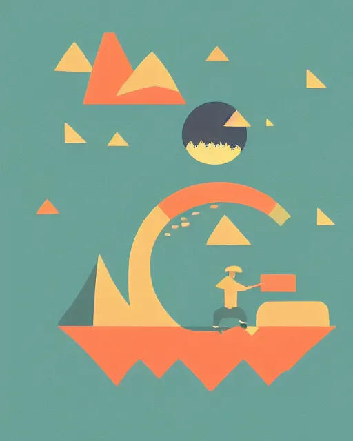 Prompt: minimalistic fisherman in a geometric design, in the background there are isometric mountains and forest with flying fish with a moon on top behind the top, trending on artstation, cute digital art, no text, HD original image