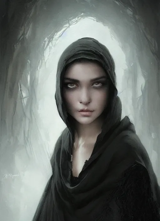 Image similar to a teenage girl with very short black hair and a huge cloak made of grey and black strips. mist swirls around her. beautiful highly detailed face. beautiful painting by artgerm and greg rutkowski and raymond swanland