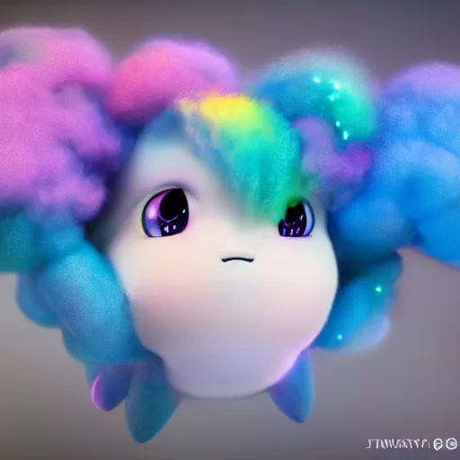 Image similar to cutest tiny fantasy cloud animal, with sprouting rainbow hair, hd, japanese anime artist drawn, dlsr, dream animal cute eyes, trending on artstation, cotton candy, octane render, cinematic