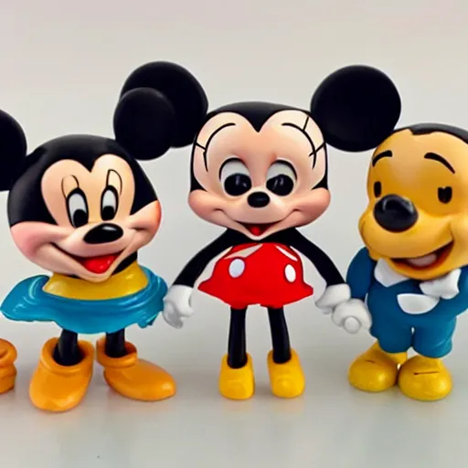 Prompt: product photograph of cute vintage disney figurines, cute, chibi, popular, collectible, toys figures, mickey mouse, miney mouse, pluto, kawaii, toys, white background,