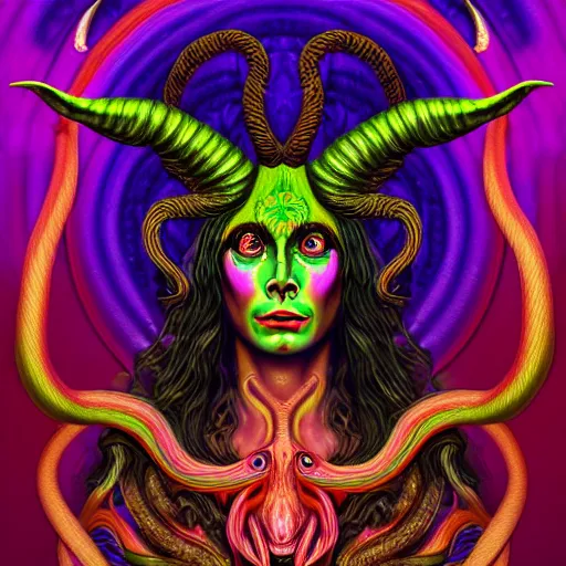 Image similar to an extremely psychedelic portrait of baphomet as medusa, surreal, lsd, face, detailed, intricate, elegant, lithe, highly detailed, digital painting, artstation, concept art, smooth, sharp focus, illustration