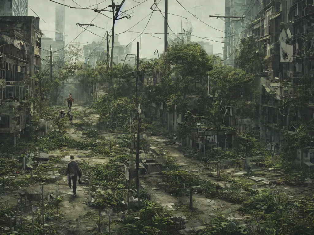 Prompt: an abandoned overgrown city, small amount of zombies lurking around, plants everywhere, windows broken, sole traveler walking in the middle, highly detailed, octane render, cinematic, shock, sharp focus