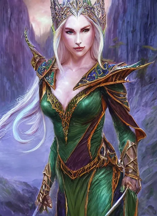 Image similar to elegant elven queen beautiful, ultra detailed fantasy, dndbeyond, bright, colourful, realistic, dnd character portrait, full body, pathfinder, pinterest, art by ralph horsley, dnd, rpg, lotr game design fanart by concept art, behance hd, artstation, deviantart, hdr render in unreal engine 5