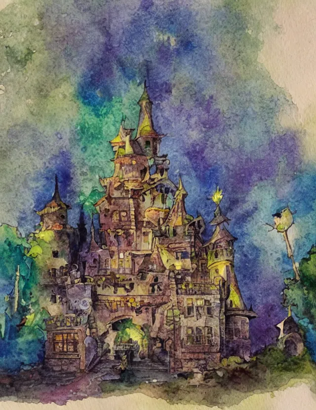 Prompt: delapidated magic castle. this watercolor painting by the beloved children's book author has interesting color contrasts, plenty of details and impeccable lighting.