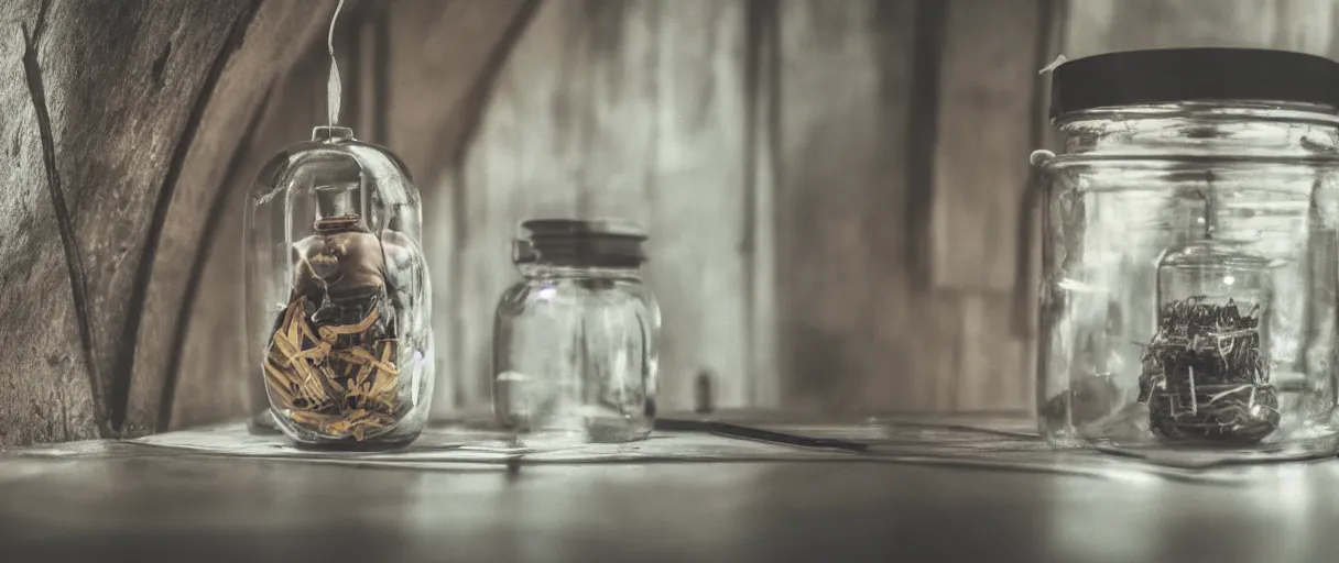 Prompt: a man making art inside of a jar, placed in an old attic, close up, beautiful atmosphere, haze, 4K