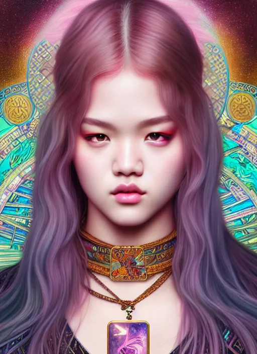 Image similar to jossi of blackpink, king, tarot card, highly detailed, digital painting, smooth, sharp focus, illustration, ultra realistic, unreal engine, 8 k, art by artgerm and alphonse mucha