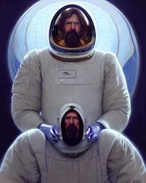 Image similar to portrait of the dude from the big lebowski, spacesuit, vivid eyes, real life skin, intricate, elegant, highly detailed, artstation, concept art, smooth, sharp focus, art by artgerm and greg rutkowski and alphonse mucha