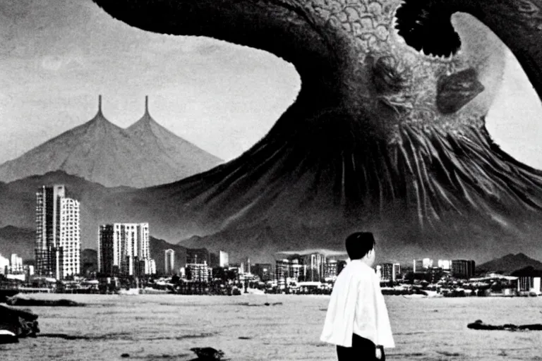 Image similar to a filmstill of Kim Jong-il looking at Starro Kaiju monster destroying Pyongyang, in Rashōmon by Akira Kurosawa (1950), traditional Korean city, palace, epic ultrawide shot, cinémascope