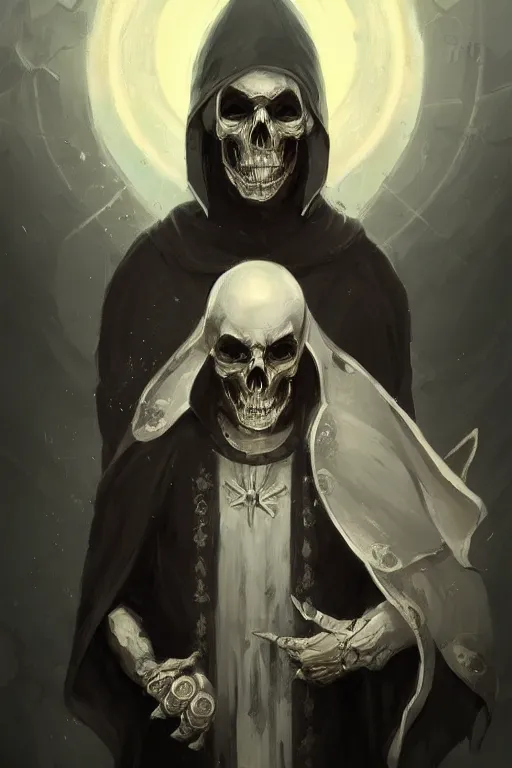 Image similar to portrait of necromancer priest in obsidian robes with white ornaments, skulls, white smoke, concept art, style by anato finnstark,