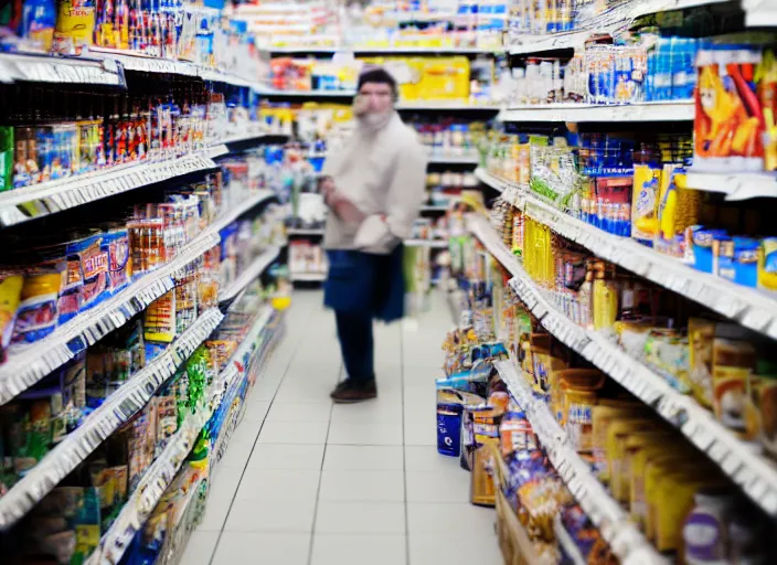 Image similar to photo of Gandalf stacking supermarket shelves, depressing, sad, 85mm f1.8