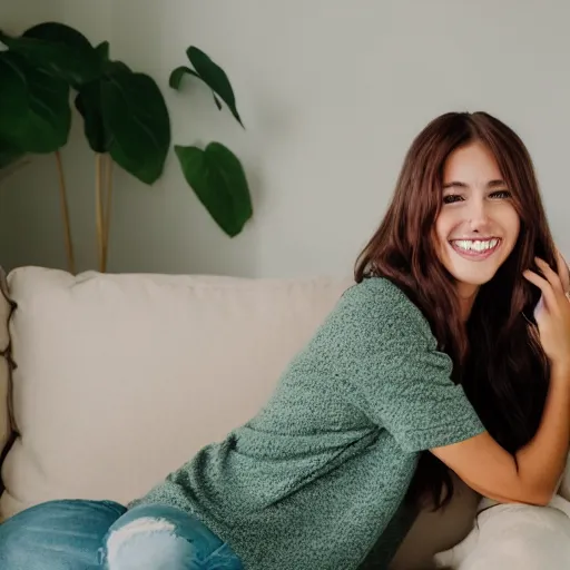 Image similar to Photo of a cute young woman smiling, long shiny bronze brown hair, full round face, green eyes, medium skin tone, light cute freckles, smiling softly, wearing casual clothing, relaxing on a modern couch, interior lighting, cozy living room background, medium shot, mid-shot, soft focus, professional photography, Portra 400