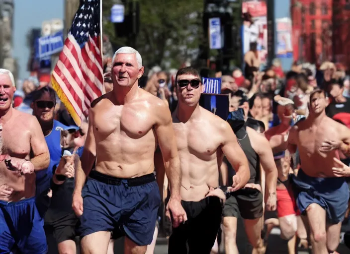 Prompt: shirtless mike pence running marathon hands in air screaming shouting