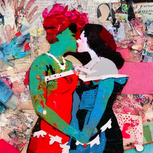 Image similar to two women kissing at a carnival, mixed media collage, retro, paper collage, magazine collage, acrylic paint splatters, double exposure,