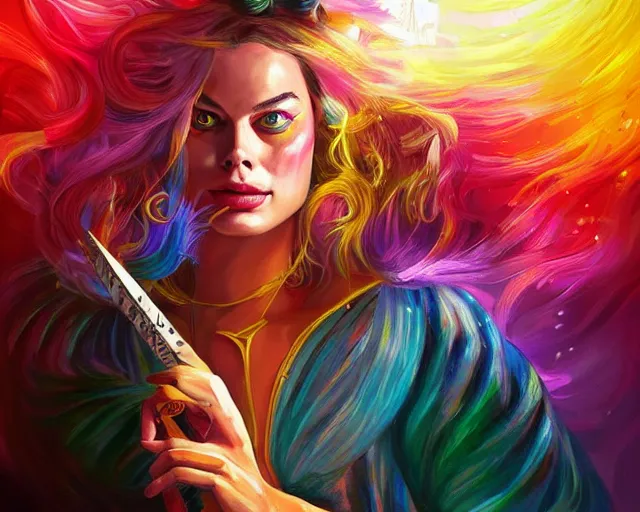 Image similar to margot robbie as a beautiful magician casting colorful spells, fantasy art, in the style of Fernando Juarez, illustration, epic art, fantasy, intricate, elgant, amazing detail, digital painting, artstation, concept art, smooth, sharp focus