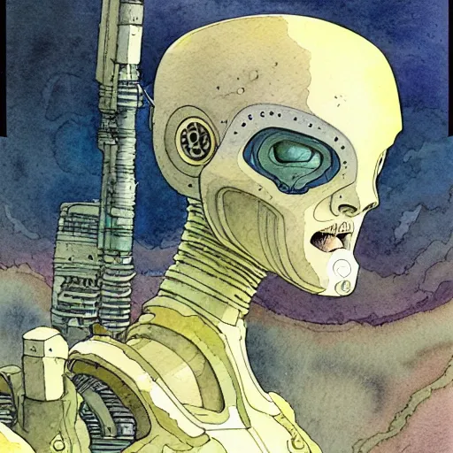 Prompt: a simple and atmospheric watercolour portrait of a pulp sci - fi alien cyborg, very muted colors, by rebecca guay, michael kaluta, charles vess and jean moebius giraud