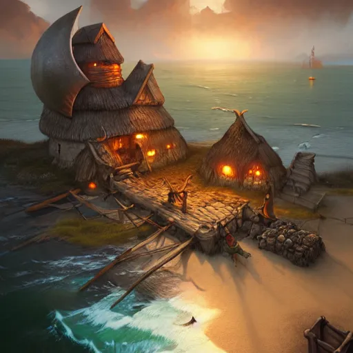 Image similar to medieval viking village next to the ocean, by peter mohrbacher and dan mumford and nekro, cgsociety, volumetric light, 3 d render