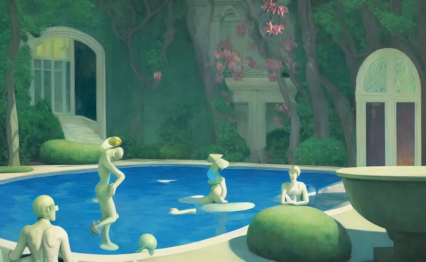 Prompt: a secret garden with a big pool, very coherent, painted by edward hopper, wayne barlowe, painted by james gilleard, airbrush, art by james jean, surrealist art, houdini algorithmic generative art