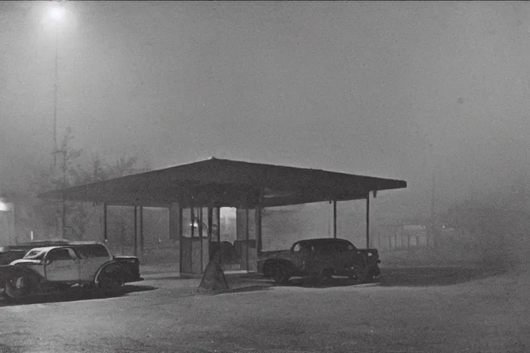 Image similar to “ gas station, night, fog, 1 9 0 0 ’ s photo ”