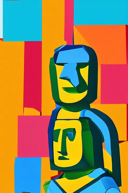 Image similar to cubist moai statue cutout digital illustration cartoon colorful beeple