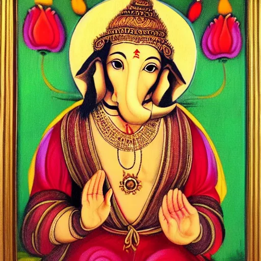Image similar to a renaissance style portrait painting of Ganesha